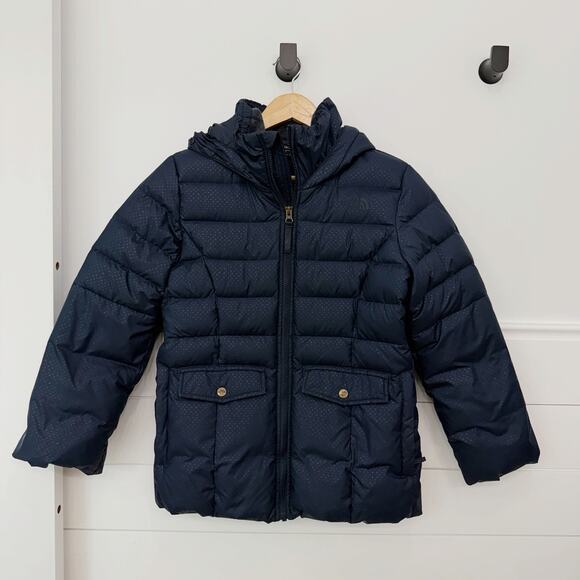 Girl’s The North Face Navy Blue Polka Dot Down Fill Hooded Puffer Coat L 14/16